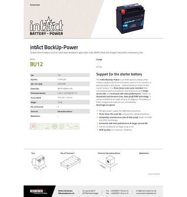 Τεχνικά χαρακτηριστικά intAct BackUp-Power BU12 12Ah 200A βοηθητική μπαταρία AGM
