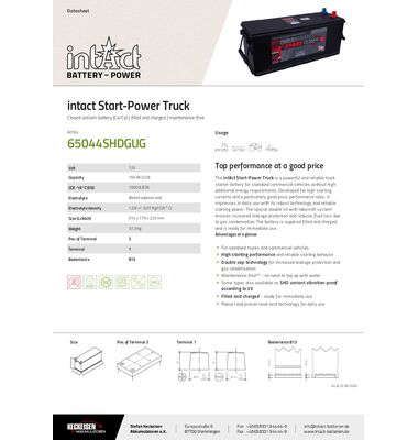 Τεχνικά χαρακτηριστικά μπαταρίας INTACT START POWER 65044SHD 150AH 1000A CCA