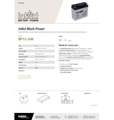Τεχνικό φυλλάδιο μπαταρίας AGM Intact BP12-24 12V 24Ah