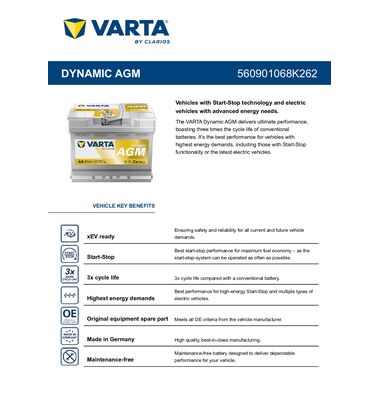 ΜΠΑΤΑΡΙΑ START STOP VARTA AGM A8 60AH / battery-expert.gr