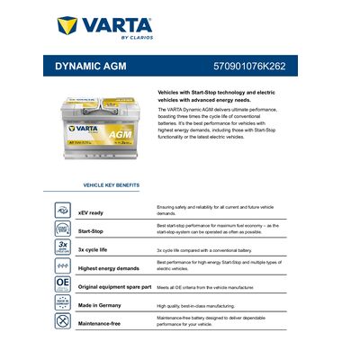 Τεχνικά χαρακτηριστικά Varta A7 70Ah 760A - Τύπος L3 για συστήματα Start-Stop | battery-expert.gr