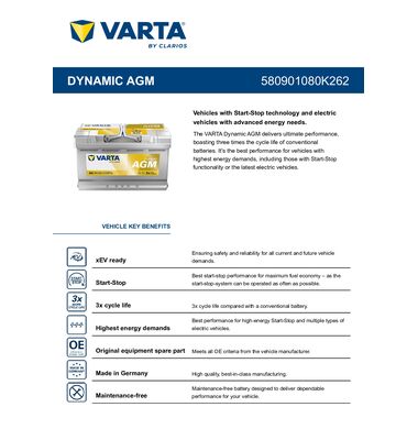 Τεχνικά χαρακτηριστικά Varta A6 80Ah 800A - Τύπος L4 για συστήματα Start-Stop | battery-expert.gr