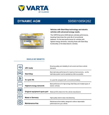 Τεχνικά χαρακτηριστικά Varta A5 850A - Τύπος L5 για συστήματα Start-Stop | battery-expert.gr
