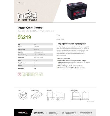 Μπαταρία Αυτοκινήτου - START POWER 56219 62AH 540A CCA EN | battery-expert.gr