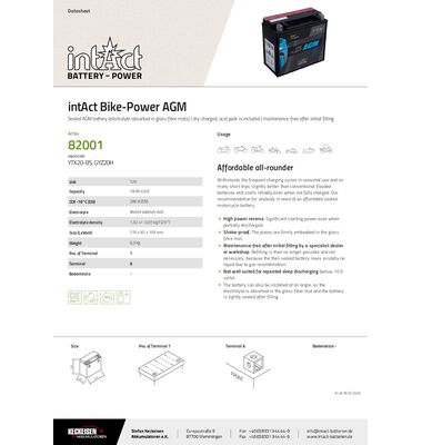 Μπαταρία Μοτό / Jet Ski INTACT YTX20-BS 18AH | battery-expert.gr