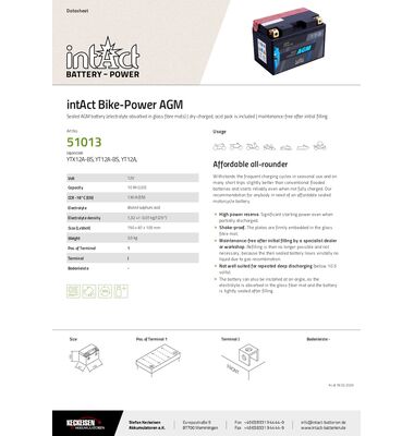 Μπαταρία Μοτοσυκλέτας YTX12A-BS 10AH AGM BIKE POWER | battery-expert.gr