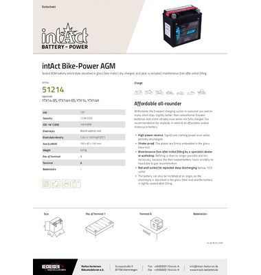 Μπαταρία Μοτοσυκλέτας YTX14-BS 12AH BIKE AGM | battery-expert.gr