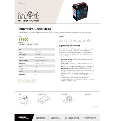 Μπαταρία Μοτοσυκλέτας YTX16-BS 14AH BIKE POWER AGM | battery-expert.gr