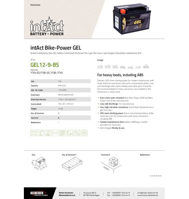 Μπαταρία Μοτοσυκλέτας intAct Gel YTX9-BS | battery-expert.gr