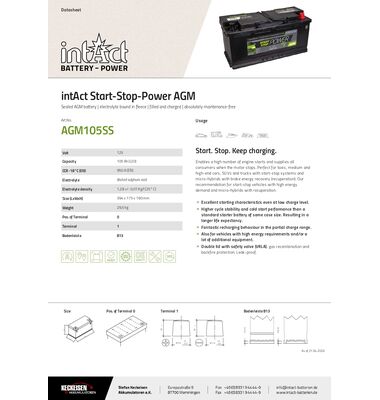 Τεχνικά χαρακτηριστικά Intact AGM105 105Ah 950A - Τύπος L6 για συστήματα Start-Stop